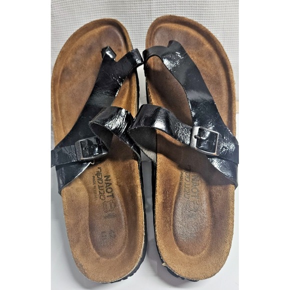 Naot Tahoe slides black patent leather woman toe‎ loop sandals  Sz 42/L11 - Picture 1 of 9